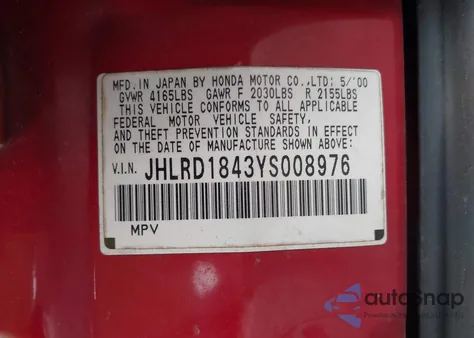 2000 Honda Cr-V Lx from USA, damaged, VIN JHLRD1843YS008976